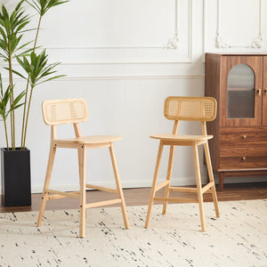 English Elm Christopher Knight Home® - Bari Curved Solid Wood Barstool with Woven Rattan Backrest, Ergonomic Comfort and Timeless Finish Natural N775P264463N
