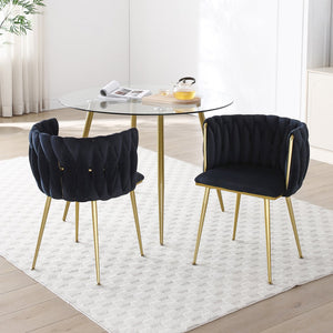 English Elm Modern Velvet Dining Chairs Set of 2 with Woven Backrest and Gold Metal Legs, Elegant Arc Design for Home Black W1117P209796