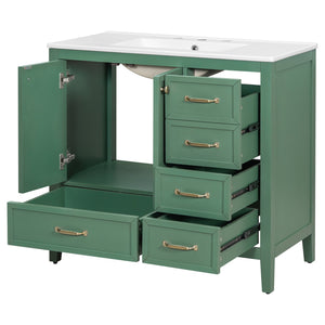 English Elm Christopher Knight Home® - 36" Vintage-inspired Bathroom Vanity with Ceramic Sink, Solid Wood Frame, Soft-Close Drawers, Spacious Storage Green N759P293646F
