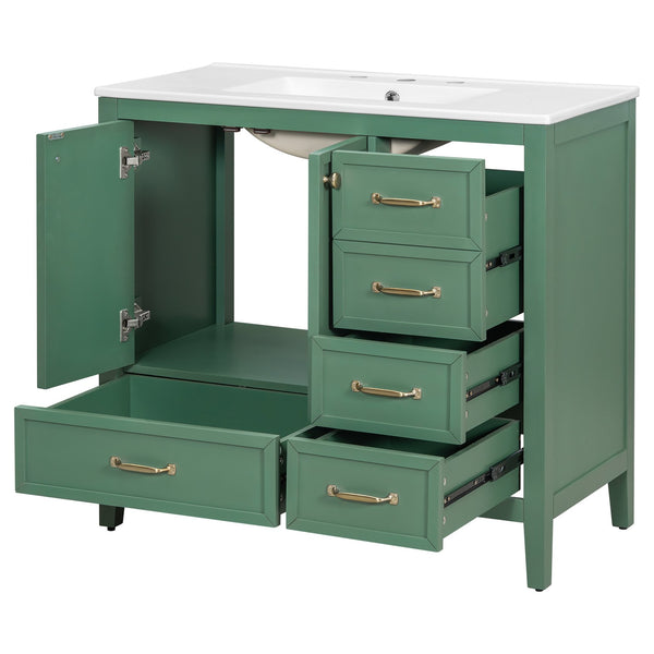 English Elm Christopher Knight Home® - 36" Vintage-inspired Bathroom Vanity with Ceramic Sink, Solid Wood Frame, Soft-Close Drawers, Spacious Storage Green N759P293646F