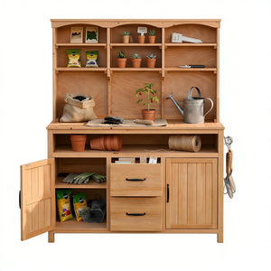 English Elm (with Hutch) Topmax Solid Fir Outdoor Potting Bench Station Cabinets Drawers Patio Garden Natural Wood N717P404332A