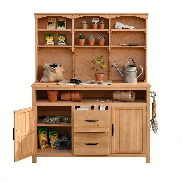 English Elm (with Hutch) Topmax Solid Fir Outdoor Potting Bench Station Cabinets Drawers Patio Garden Natural Wood N717P404332A