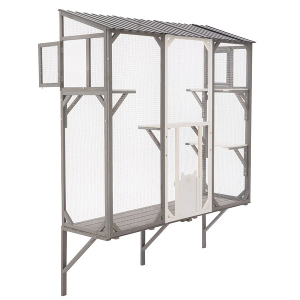 English Elm Outdoor Fir Wood Window Catio Enclosure with Four Climbing Platforms for Cats Grey,White N719P418371K