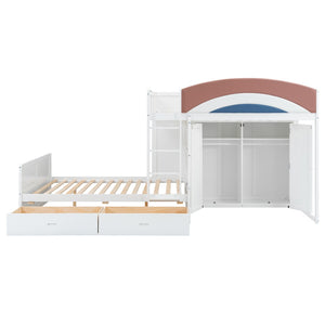 English Elm Full Size Offset Bunk Bed with Wardrobe Hanging Rod Drawers and Upholstered Rail White N820S00081K