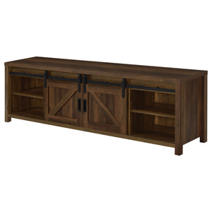 English Elm Madra Dark Pine TV Stand with Sliding Doors, 2-Drawer Storage, Rustic Modern Engineered Wood Console B062P344954