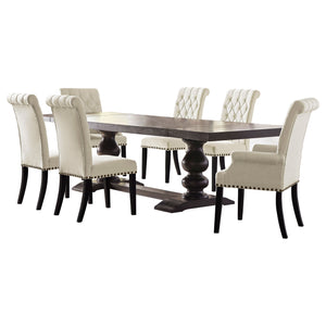 English Elm Vallerie Distressed Noir Trestle Dining Set with Beige Velvet Tufted Chairs, Nailhead Trim, 7-Piece B062S00814