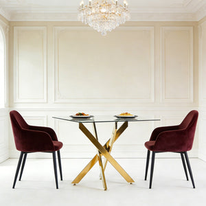 English Elm Dining Table Square Tempered Glass Top Cross Metal Base Modern Space Saving Design W234P235264
