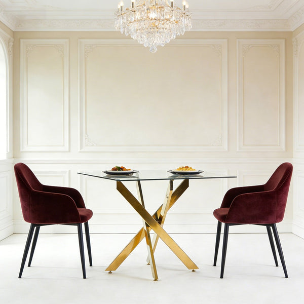 English Elm Dining Table Square Tempered Glass Top Cross Metal Base Modern Space Saving Design W234P235264