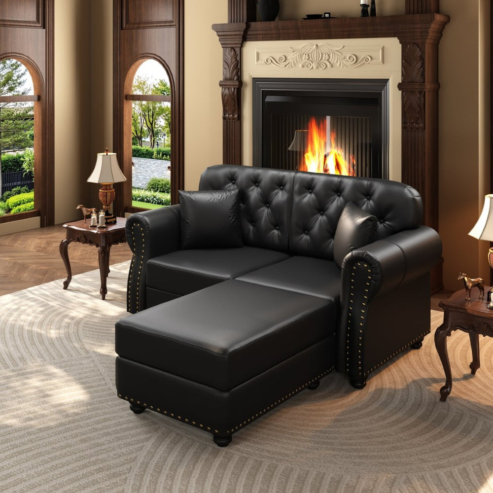 English Elm 63"upholstered Faux Leather Loveseat Mid-century Chesterfield with Tufting and Nailhead Detail Black W1885S00424