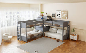 English Elm Twin L-shaped Bunk Bed Pine Wood Corner Design with Desk Drawers and Usb Charging Gray N820S00079E