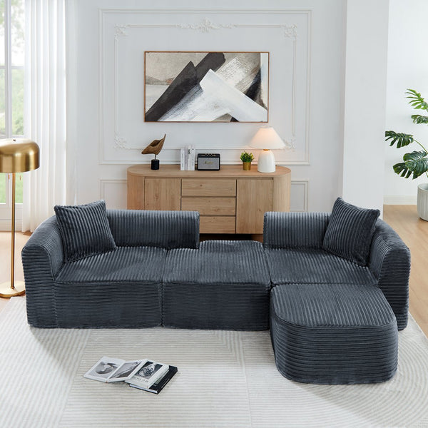 English Elm 114" Cloud Sectional Couch with L-Shape Chaise Modular Corduroy Sofa with Movable Ottoman, No Assembly Required, Plush Comfort for Living Spaces Grey W1117P371652