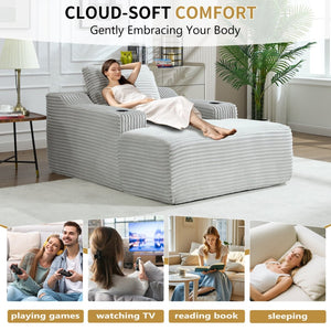 English Elm 67" Corduroy Oversized Chaise Sleeper Sofa Deep Seat Boneless Lounge with Cup Holder Pillows Light Grey W1803P409264