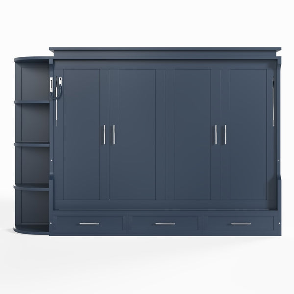 English Elm Full Size Murphy Wall Bed with Side Cabinets Three Drawers and Shelving for Small Spaces Blue W1580S00451