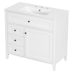 English Elm 36-Inch White Bathroom Vanity With Sink, Modern Mdf & Rubberwood, 3 Drawers & Adjustable Shelf Storage N725P350821K