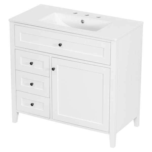 English Elm 36-Inch White Bathroom Vanity With Sink, Modern Mdf & Rubberwood, 3 Drawers & Adjustable Shelf Storage N725P350821K