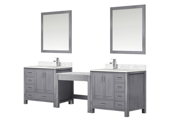 English Elm Distressed Grey Double Bath Vanity Set With Carrara Marble Top, Faucets & 34” Mirrors For Style B2731S01228