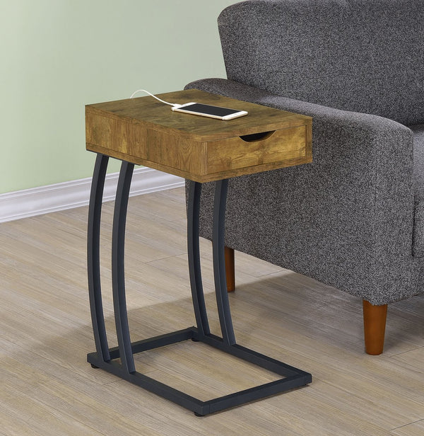 English Elm 1-drawer C-Shaped Side Table with Power Outlets and USB Ports, Antique Wood Finish, Metal Frame Accent Nutmeg Brown,Rustic B016P381108