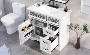 English Elm [video] 36 Inch Freestanding Bathroom Vanity Rubberwood Cabinet with Ceramic Sink Storage White N759P313315K