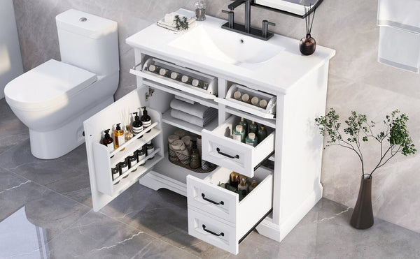English Elm [video] 36 Inch Freestanding Bathroom Vanity Rubberwood Cabinet with Ceramic Sink Storage White N759P313315K