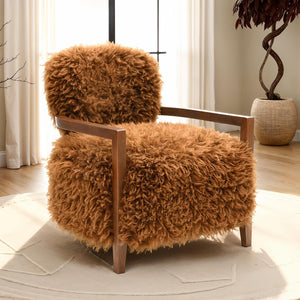 English Elm 1Pc Accent Chair - Cozy Faux Fur Upholstery With Stylish Wooden Arms, Perfect For Modern Living Spaces B2741P401375