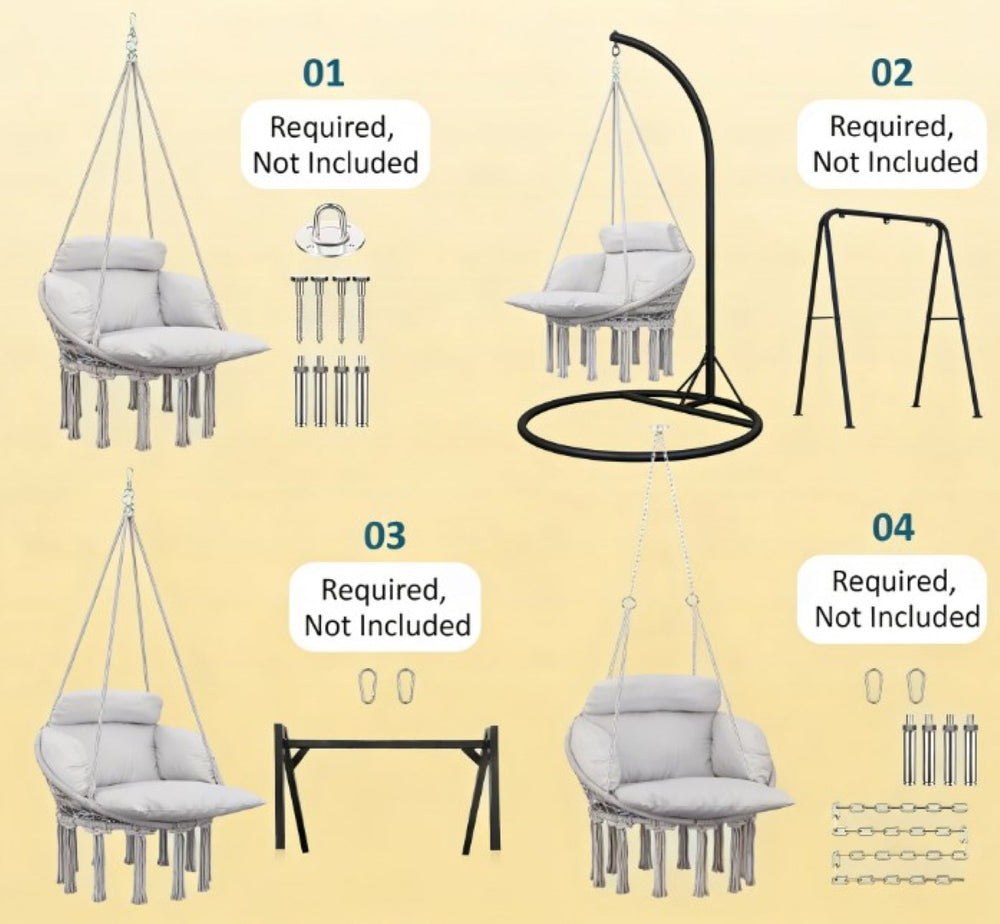 English Elm Hanging Hammock Swing Chair Boho Fringe Cushioned Seat for Patio or Indoor Use T3971P445652