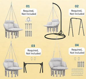English Elm Hanging Hammock Swing Chair Boho Fringe Cushioned Seat for Patio or Indoor Use T3971P445652