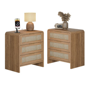 English Elm Rattan Drawer Nightstand Set with Built-in Charging Station and Open Shelf Bedroom Storage Caramel W1820P414049