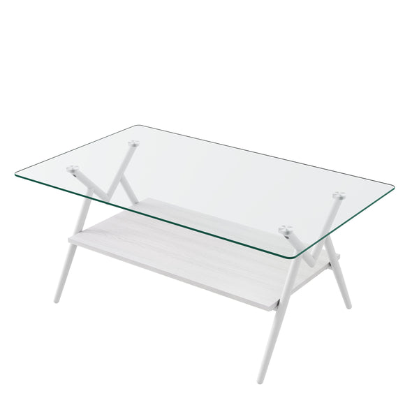 English Elm Coffee Table Set Of 3 With Tempered Glass & Mdf Storage, Modern Design For Living Room Elegance W241S00049