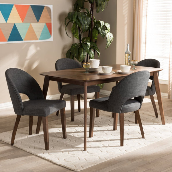 Baxton Studio Baxton Studio Wesley 5-Piece Mid-Century Modern Dark Grey Dining Set with Walnut Legs for Style Wesley-Dark Grey-5PC Dining Set