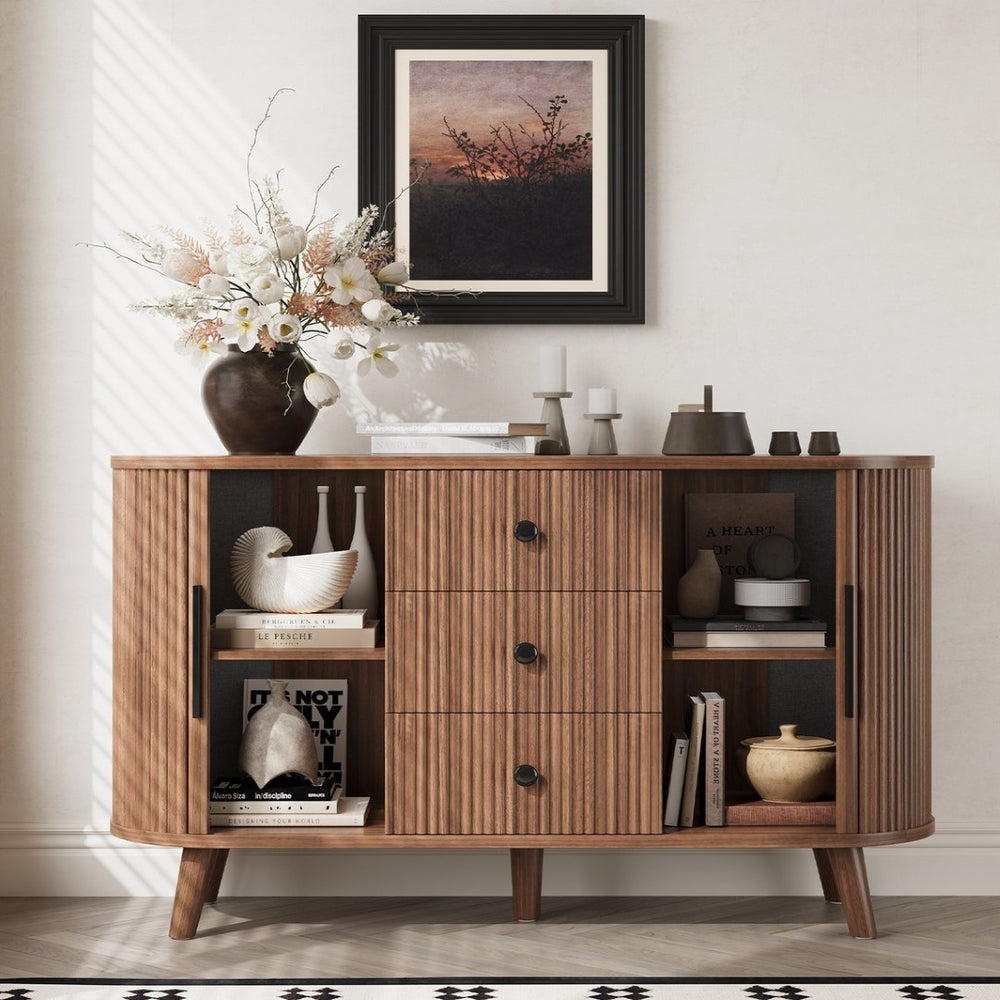 English Elm Sideboard Fluted Credenza with Three Drawers Two Doors Matte Black Modern Storage Walnut T3773P417317