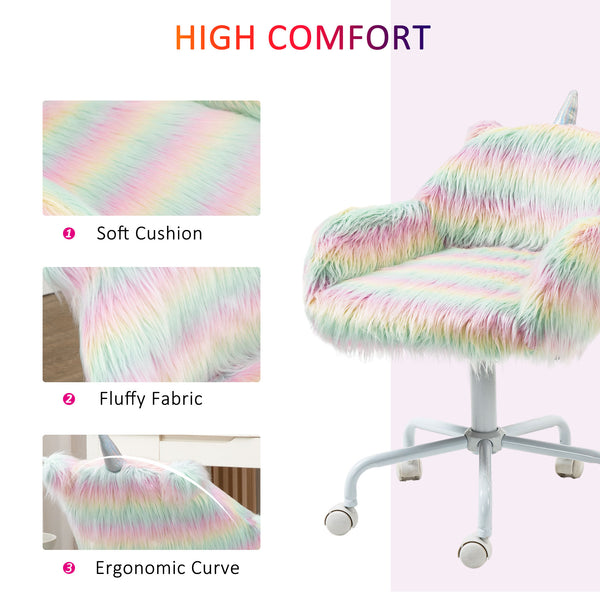 English Elm HOMCOM Plush Fluffy Unicorn Office Chair with Mid-Back, Armrests, Adjustable Height & 5-Star Wheels W2225P173829