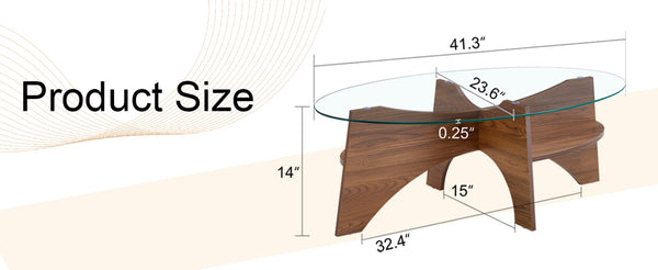 English Elm Oval Tempered Glass Coffee Table with Wood Grain Legs and Built-in Fan Tray Shelf W1151P256008