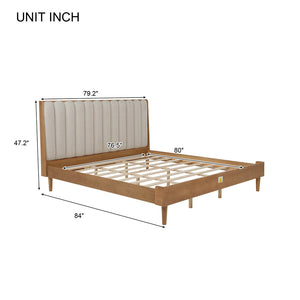 English Elm King Upholstered Bed Solid Pine Frame Piano Key Headboard for Modern Bedroom W504S00316