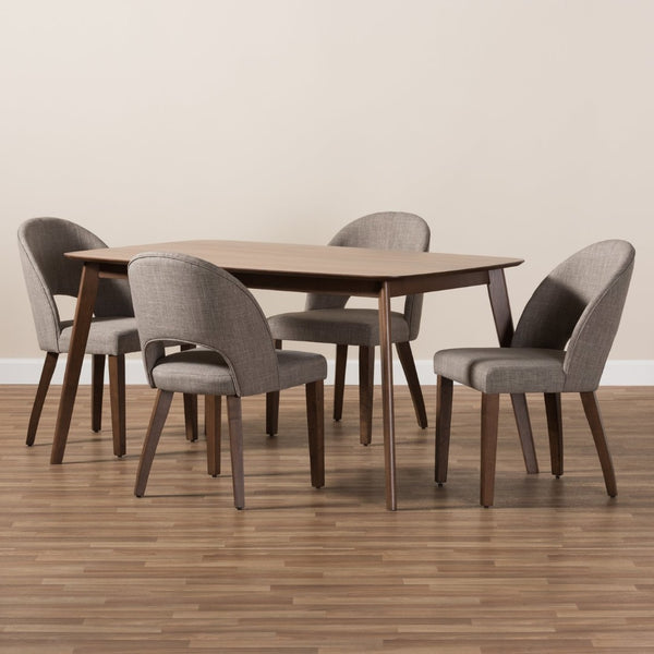 Baxton Studio Baxton Wesley Mid-Century Modern 5-Piece Dining Set in Light Grey Fabric & Walnut Finish for Stylish Comfort Wesley-Light Grey-5PC Dining Set
