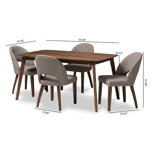 Baxton Studio Baxton Wesley Mid-Century Modern 5-Piece Dining Set in Light Grey Fabric & Walnut Finish for Stylish Comfort Wesley-Light Grey-5PC Dining Set