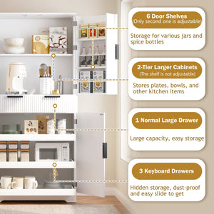 English Elm 72" Fluted Kitchen Pantry Cabinet with Anti-Tilt Stabilizers, Triple-Fold Hinges, Spice Door Racks and Deep Storage White W2917P294978