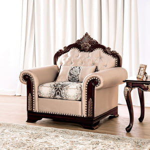 English Elm Dark Dark Cherry Beige Traditional Accent Chair 47.5"W Rolled Arms Curved Details Elegant Seating B2741S00593