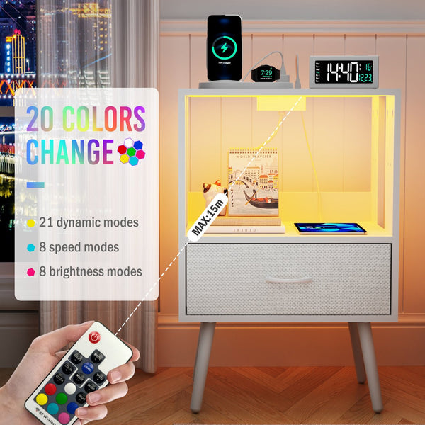 English Elm 2 Pack Modern Nightstands With Usb Charging, Led Light, And Stylish Fabric Drawers For Organization W1550P272168