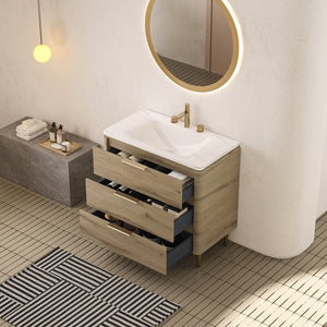 English Elm AMARA 36'' Bathroom Vanity with Integrated Sintered Stone Basin, Preassembled Plywood Cabinet, LED Motion Sensor Storage Carrara White,White Oak W2615P346336