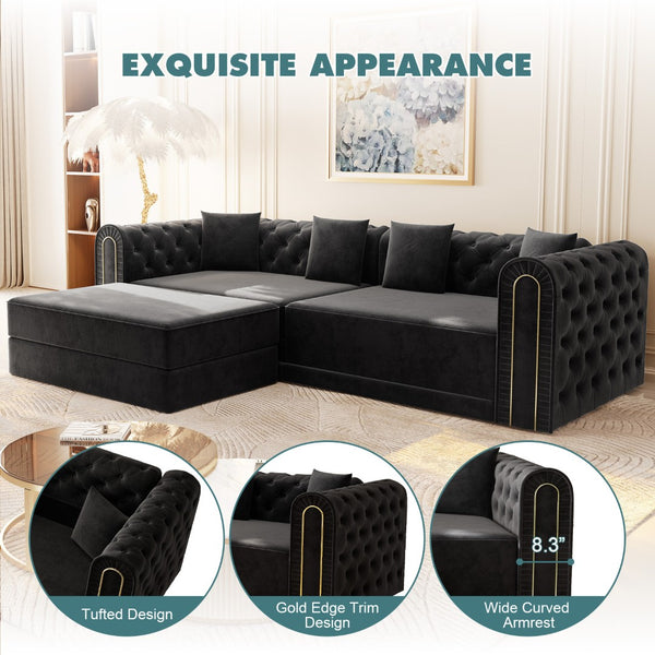 English Elm 90.2" Plush Teddy Fabric Convertible Sleeper Sofa with Hidden Storage for Living Room Black W1885S00243