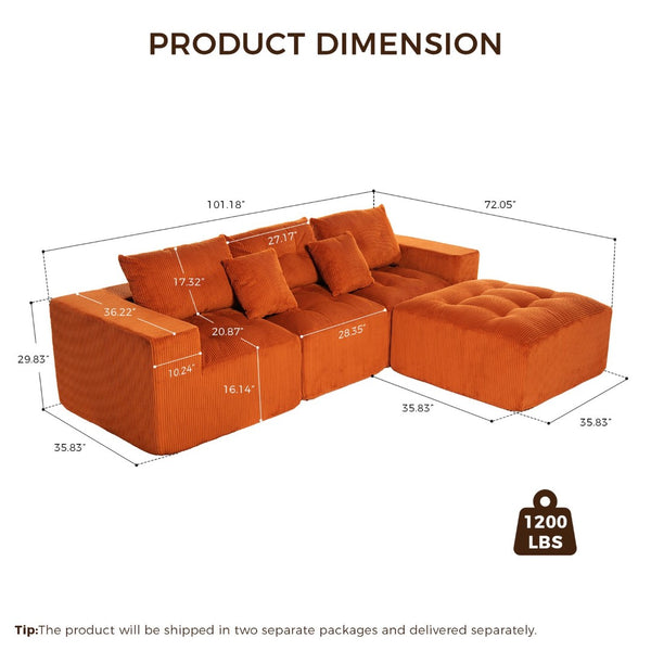 English Elm 101" Modular Cloud Sectional Corduroy Upholstered Sofa Reversible Chaise Living Room Orange W1170S00054