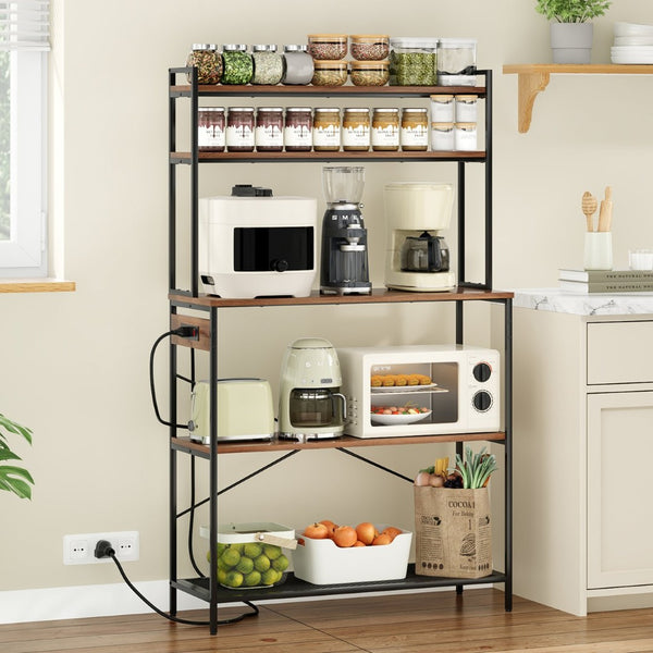 English Elm Large Five Tier Industrial Bakers Rack with Built in Outlets Microwave Stand Kitchen Organizer Walnut T3623P431208