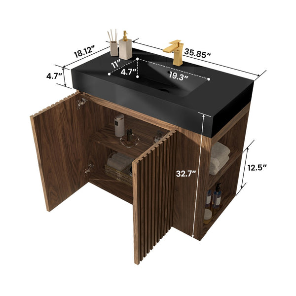 English Elm Galan Freestanding Bathroom Vanity Quartz Basin Fluted Wood Cabinet Modern Bath Walnut Brown W1865S00222
