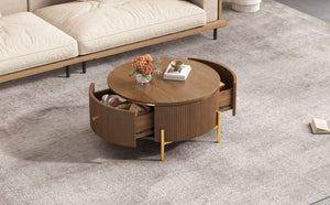 English Elm Modern Round Coffee Table with Gold Legs Two Drawers Brown Mdf Living Room N735P338995D
