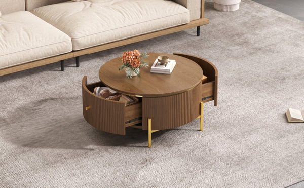 English Elm Modern Round Coffee Table with Gold Legs Two Drawers Brown Mdf Living Room N735P338995D