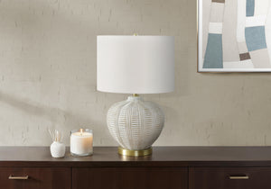 English Elm Lighting, Curved Ceramic Table Lamp with Ivory Linen Shade and Gold Finial, 24" Height, Transitional Cream 14 L x 14 W x 14 H B2710P220082