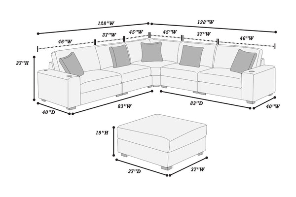 English Elm Contemporary Six Piece Modular Sectional in Jumbo Corduroy with Usb Port and Cup Holders B011S02234
