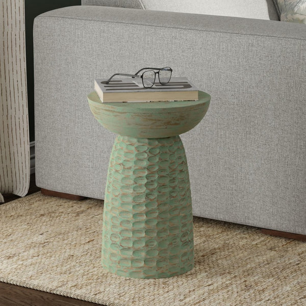 English Elm Boyd Solid Mango Wood Accent Table Hand Carved Artisan Piece for Modern Living Green B136P414659