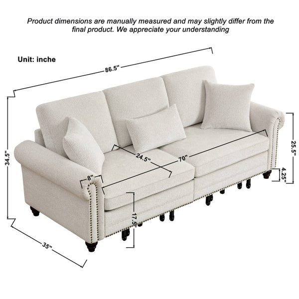 English Elm 86" Chenille Sleeper Sofa with Nailhead Rolled Arms Three Seat Convertible for Any Room Beige W3373S00087