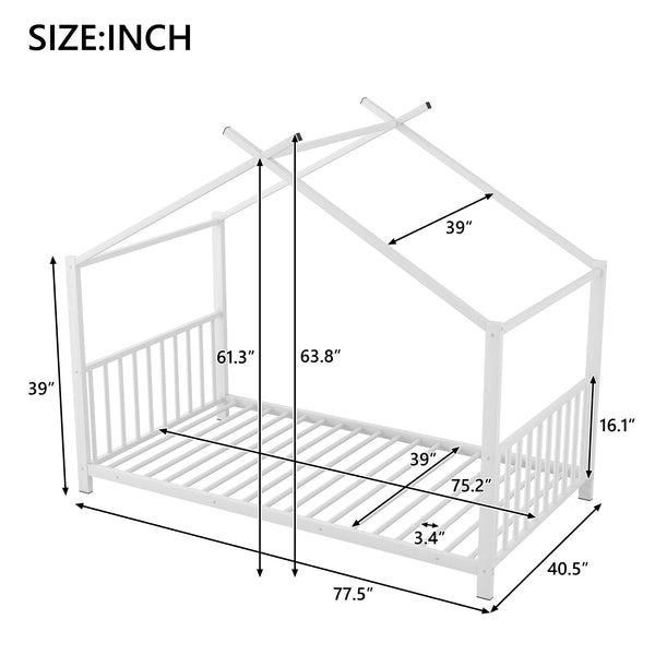 English Elm Twin Metal House Platform Bed with Slat Kit for Kids Sleepovers Sturdy Frame Elegant Silhouette 63.8"H White MF322835AAK